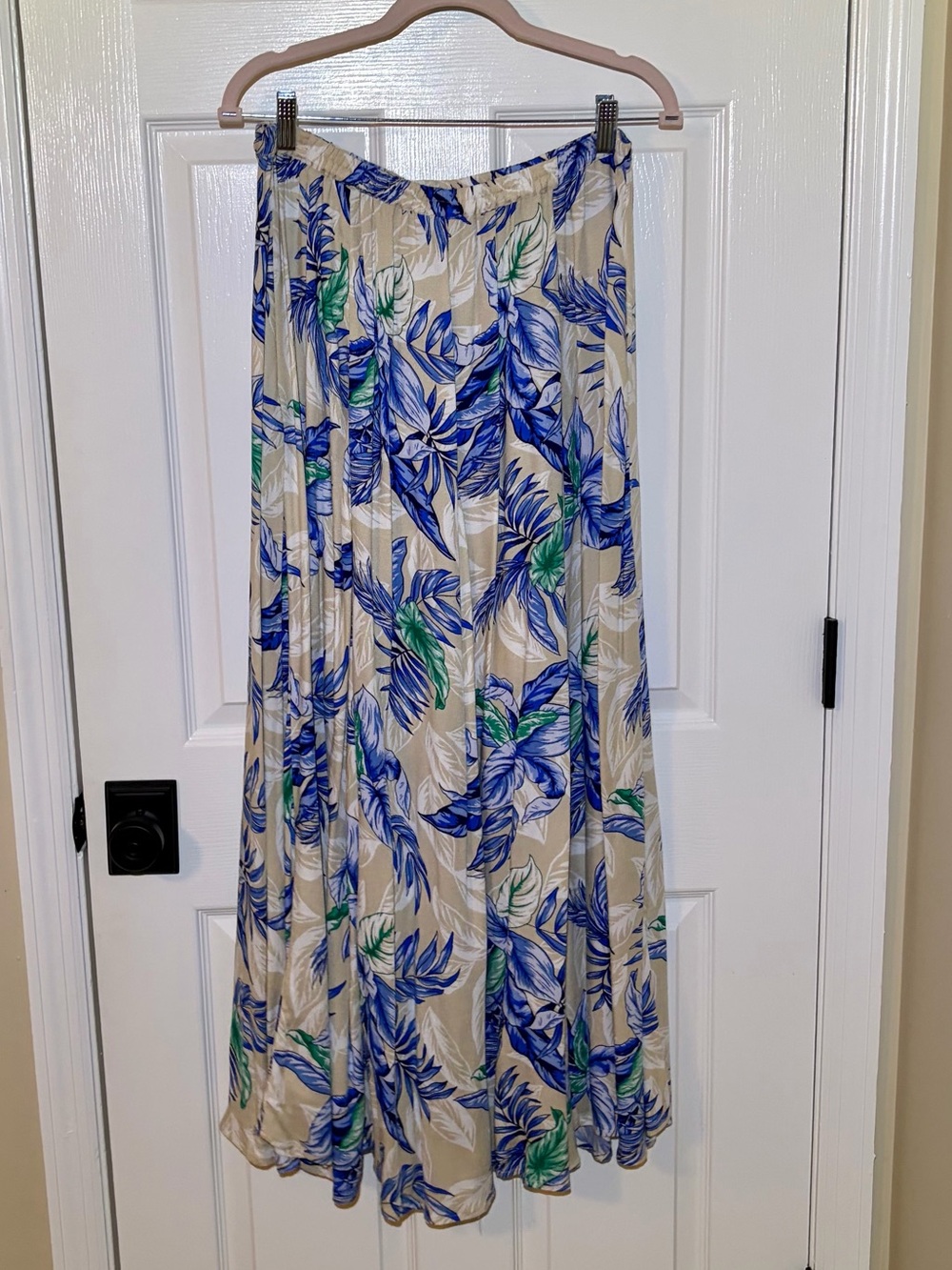 Tropical Floral A-Line Maxi Skirt - Blue & Green Palm Print on Cream. Large
